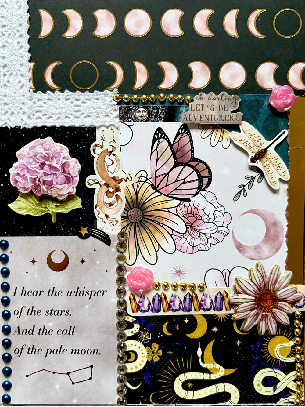Handcrafted Moon & Floral Collage Art Print - Pink and Gold